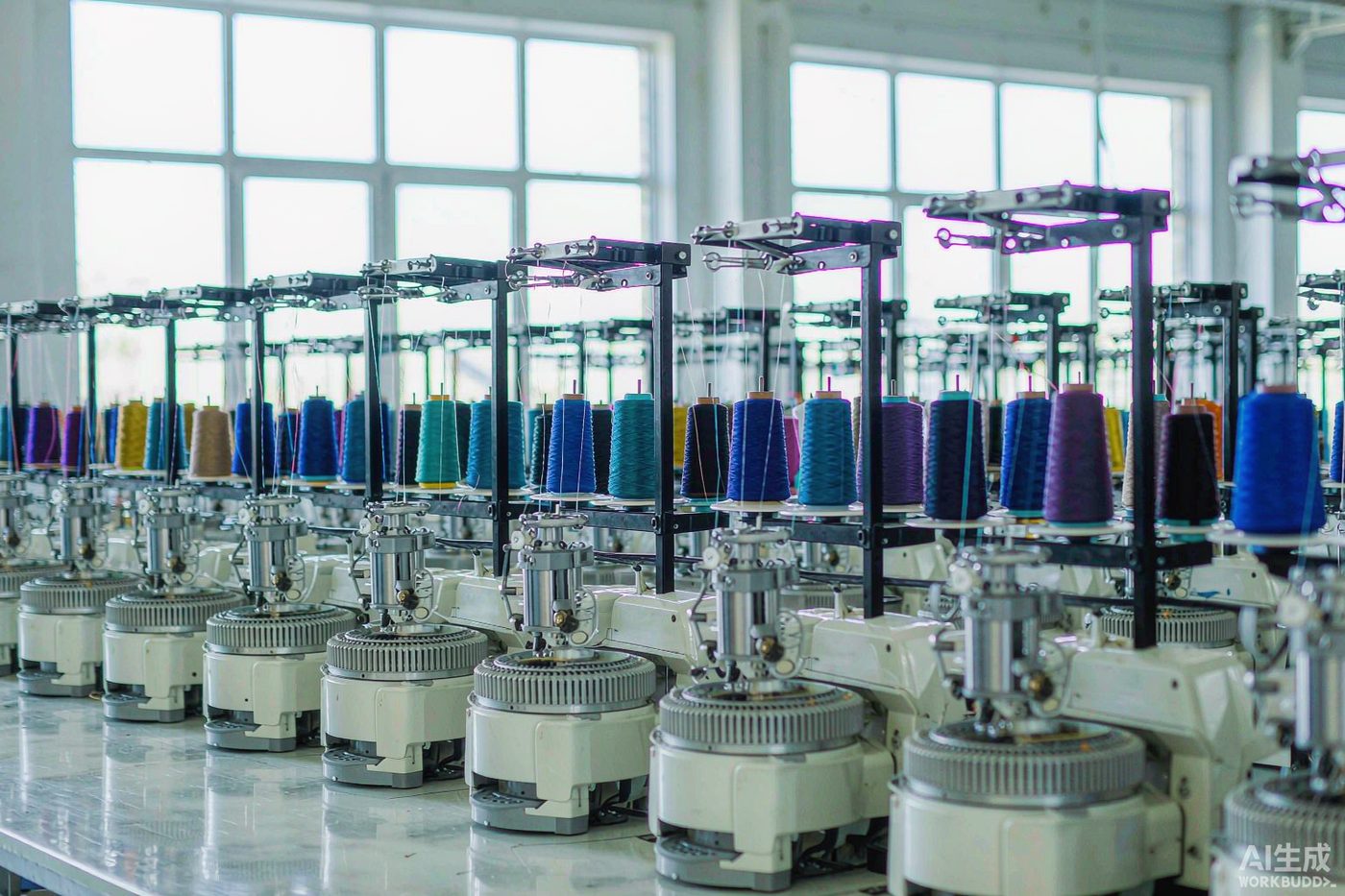Circular sock knitting machines and yarn creels on the factory floor