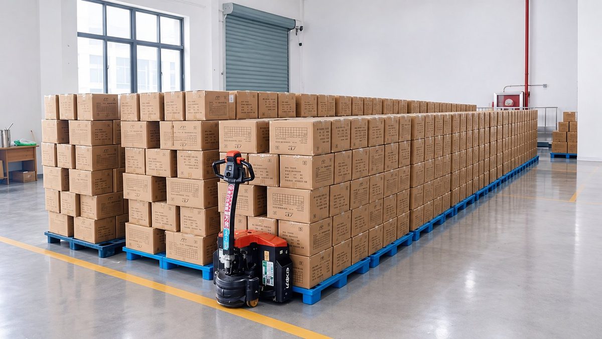 Packed cartons of socks stacked on pallets in the Leiqing Knitting warehouse